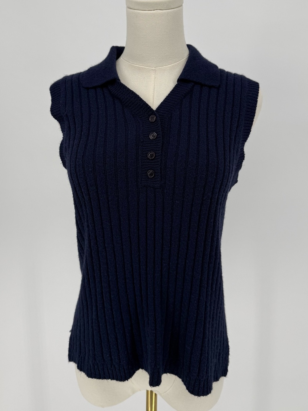 White Stag Navy Blue Acrylic Ribbed Knit Sleeveless Polo Vest Womens Small